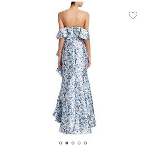 Badgley Mischka Blue Floral Off Shoulder Ruffle Gown Bridesmaid Dress NWT